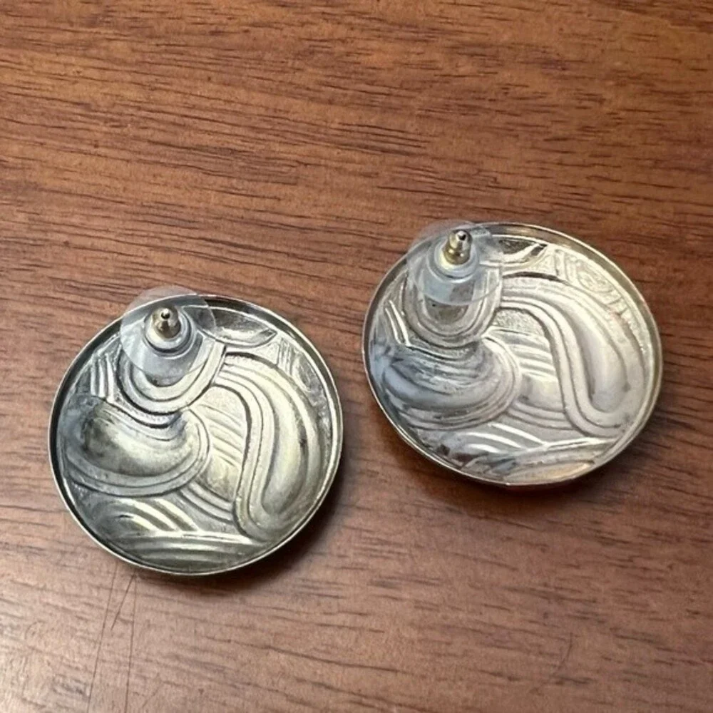 Vintage Button Earrings Oversized Hand Painted Paisley Silver Circle Studs